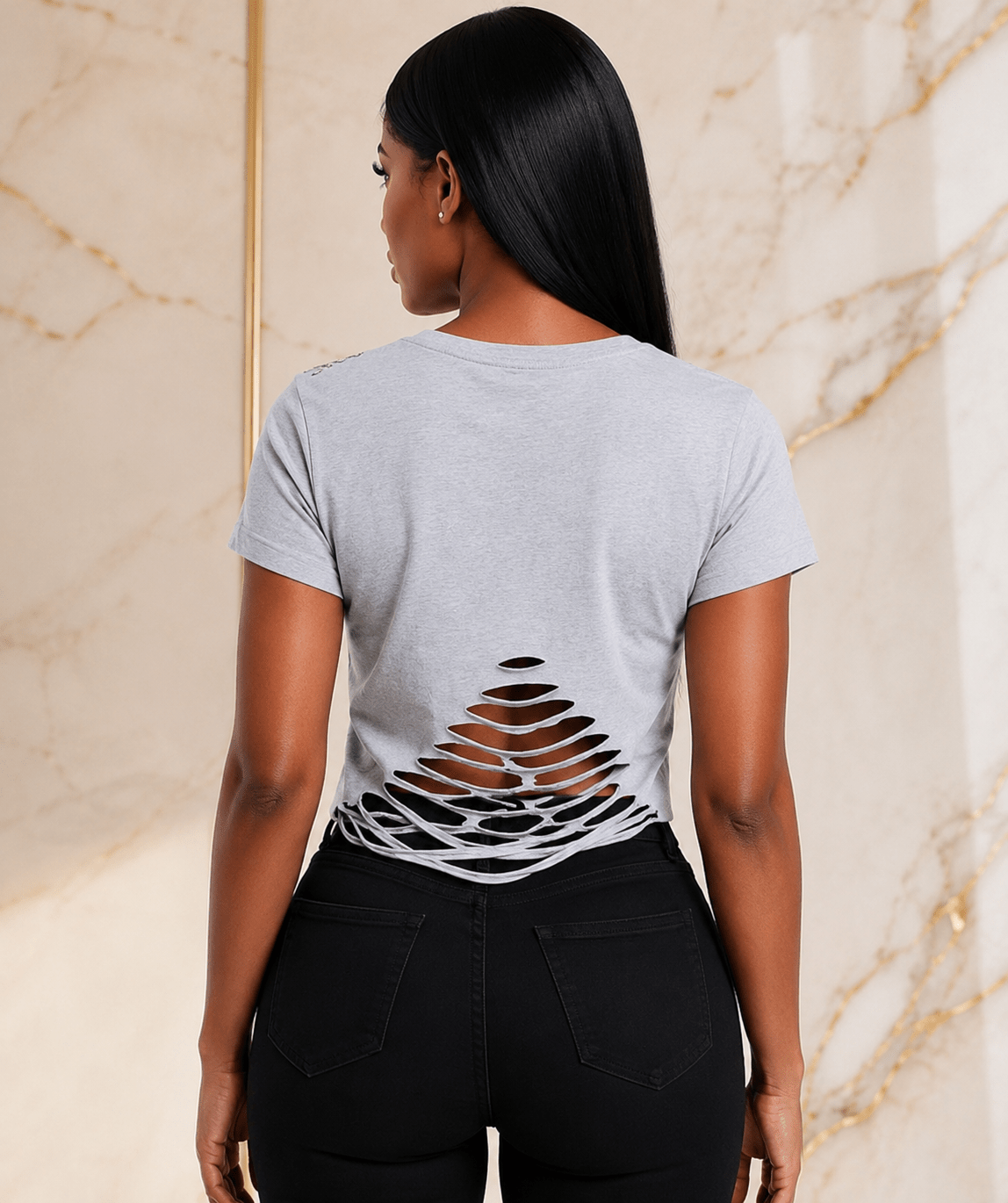 Women's Motivational Graphic Cutout T-Shirt – Studded Shoulder Short Sleeve Distressed Casual Top - T-Shirt - Cherubim Aura