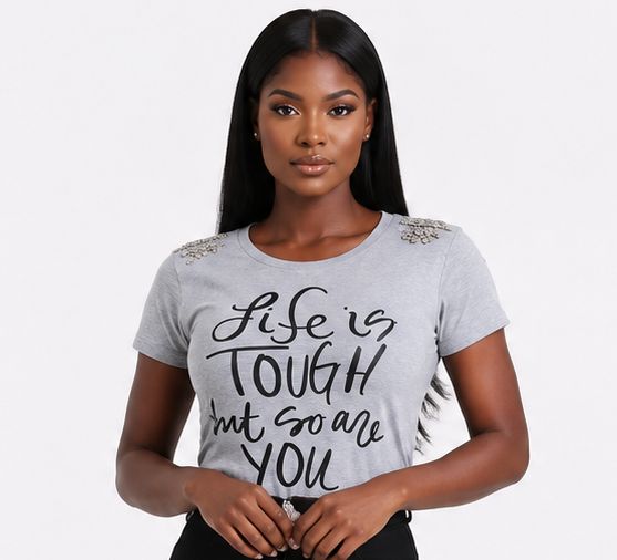 Women's Motivational Graphic Cutout T-Shirt – Studded Shoulder Short Sleeve Distressed Casual Top - T-Shirt - Cherubim Aura
