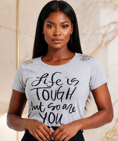 Women's Motivational Graphic Cutout T-Shirt – Studded Shoulder Short Sleeve Distressed Casual Top - T-Shirt - Cherubim Aura