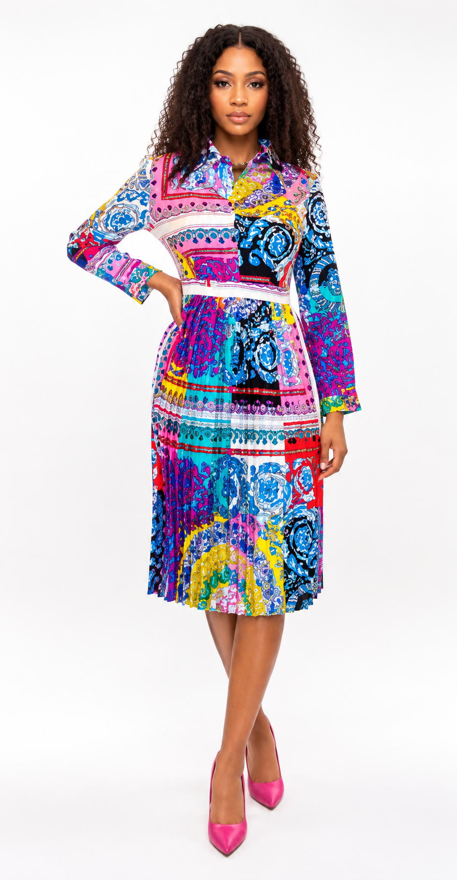 Women's Multi-Color Patchwork Print Pleated Midi Dress – Long Sleeve Collared A-Line Shirt Dress - Midi Dresses - Cherubim Aura