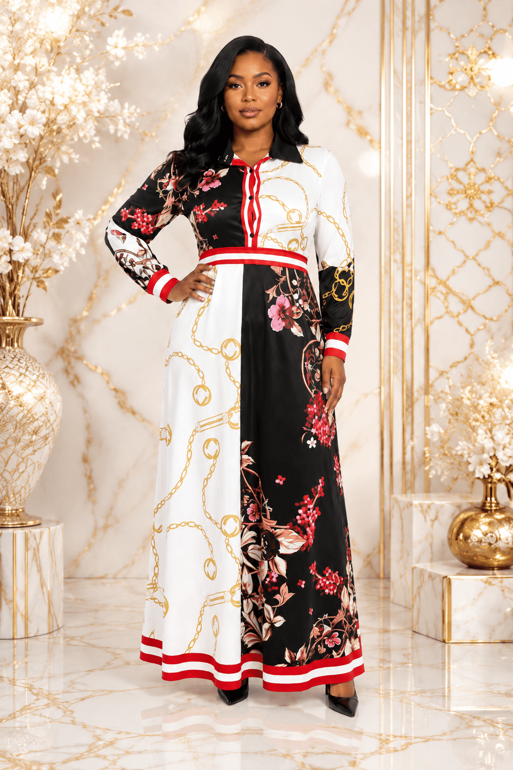 Women`s Multi-Colour Baroque Maxi Dress | Collared Button Long Sleeve Women’s Dress - Maxi Dress - Cherubim Aura