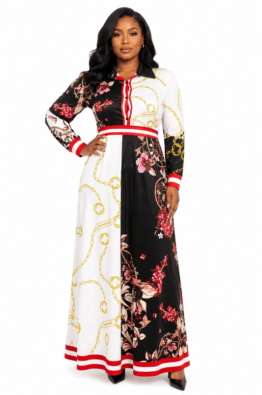 Women`s Multi-Colour Baroque Maxi Dress | Collared Button Long Sleeve Women’s Dress - Maxi Dress - Cherubim Aura