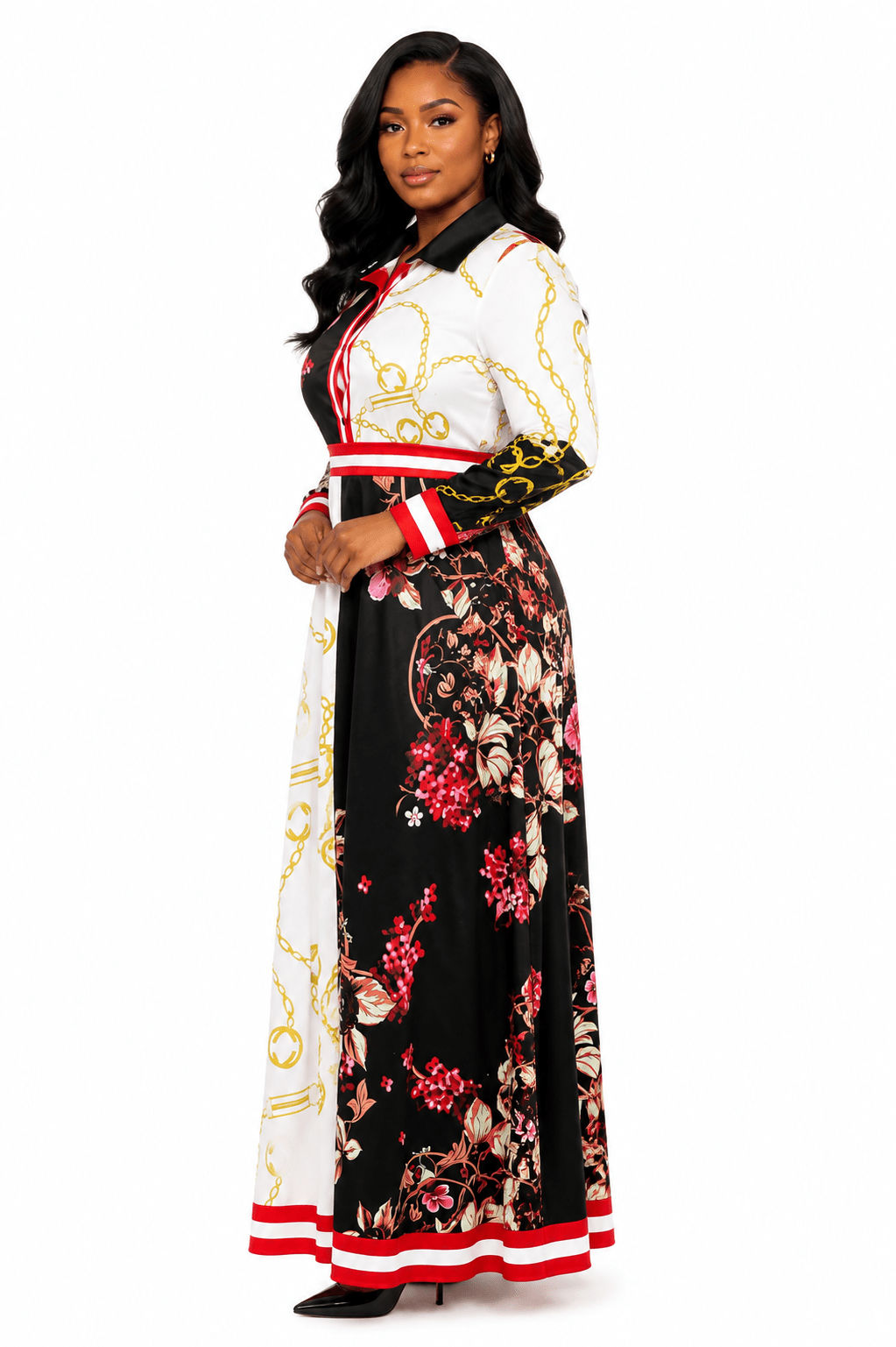 Women`s Multi-Colour Baroque Maxi Dress | Collared Button Long Sleeve Women’s Dress - Maxi Dress - Cherubim Aura