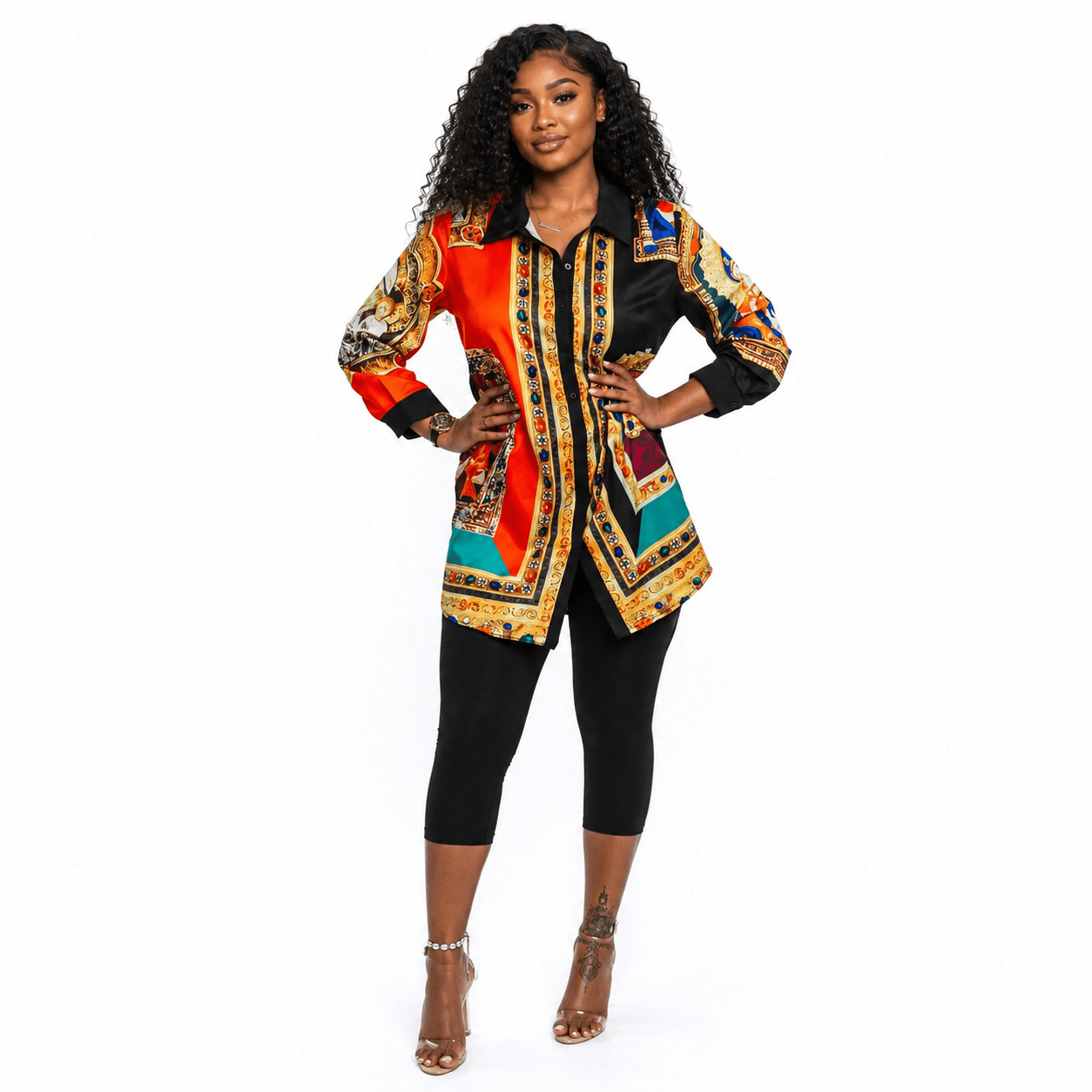 Women's Multicolor Baroque Print Longline Button-Down Shirt – Long Sleeve Collared Dressy Casual Blouse - Top - Cherubim Aura