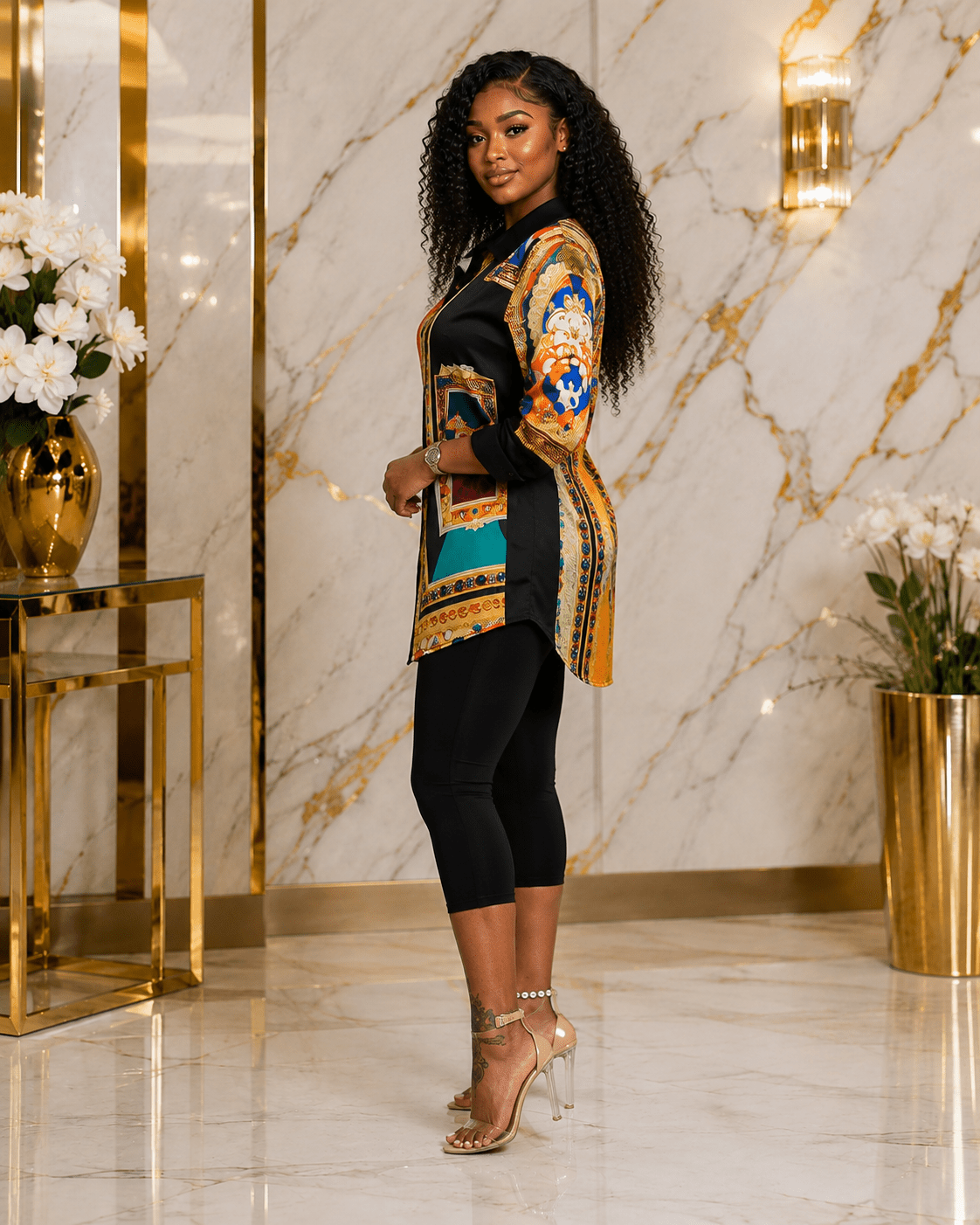 Women's Multicolor Baroque Print Longline Button-Down Shirt – Long Sleeve Collared Dressy Casual Blouse - Top - Cherubim Aura