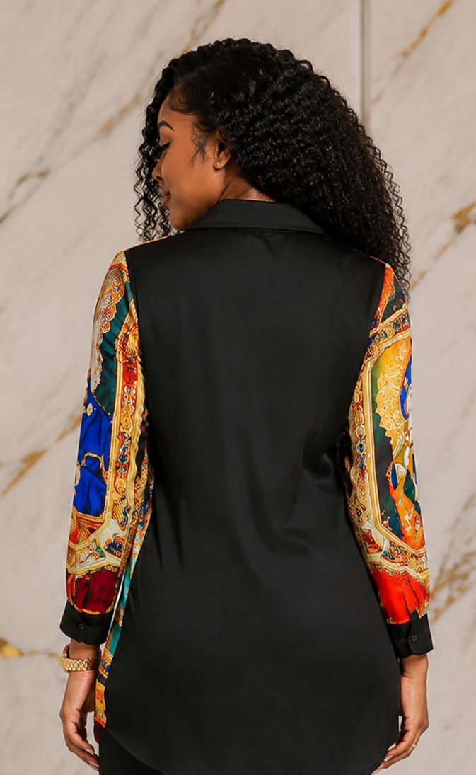 Women's Multicolor Baroque Print Longline Button-Down Shirt – Long Sleeve Collared Dressy Casual Blouse - Top - Cherubim Aura