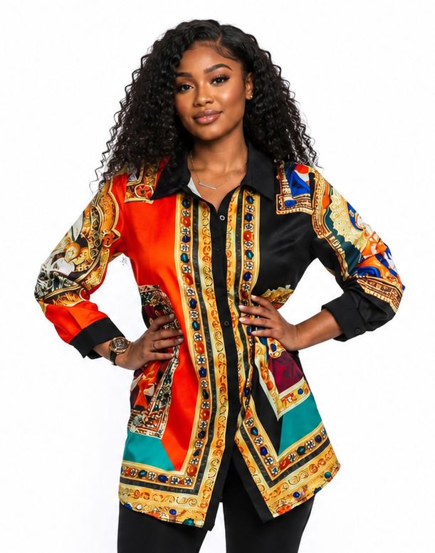 Women's Multicolor Baroque Print Longline Button-Down Shirt – Long Sleeve Collared Dressy Casual Blouse - Top - Cherubim Aura