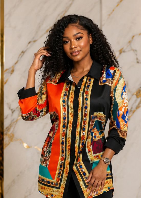 Women's Multicolor Baroque Print Longline Button-Down Shirt – Long Sleeve Collared Dressy Casual Blouse - Top - Cherubim Aura