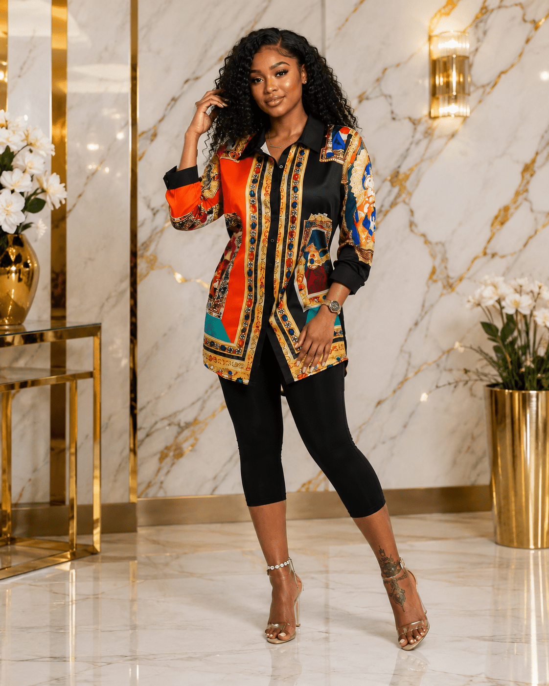 Women's Multicolor Baroque Print Longline Button-Down Shirt – Long Sleeve Collared Dressy Casual Blouse - Top - Cherubim Aura