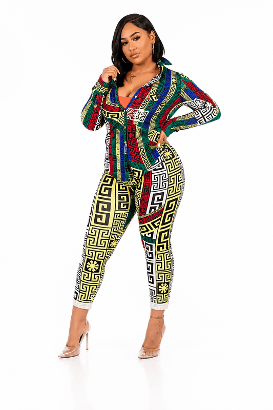 Women's Multicolor Geometric Print Two-Piece Co-Ord Set – Long Sleeve Shirt & High Waist Leggings - Set - Cherubim Aura