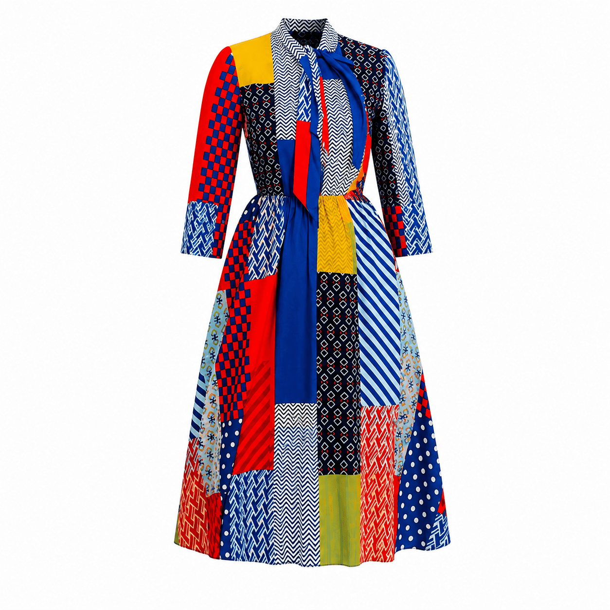 Women's Multicolor Patchwork Print Midi Shirt Dress – Elegant Tie Neck A-Line Dress - Midi Dresses - Cherubim Aura