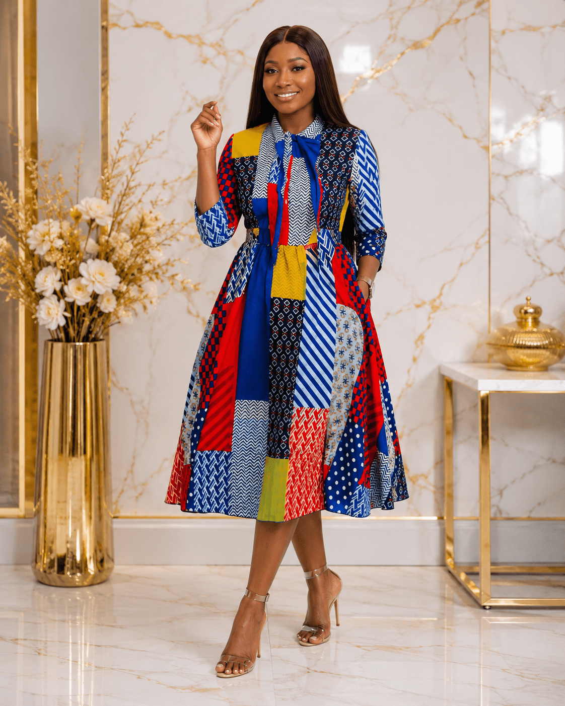 Women's Multicolor Patchwork Print Midi Shirt Dress – Elegant Tie Neck A-Line Dress - Midi Dresses - Cherubim Aura