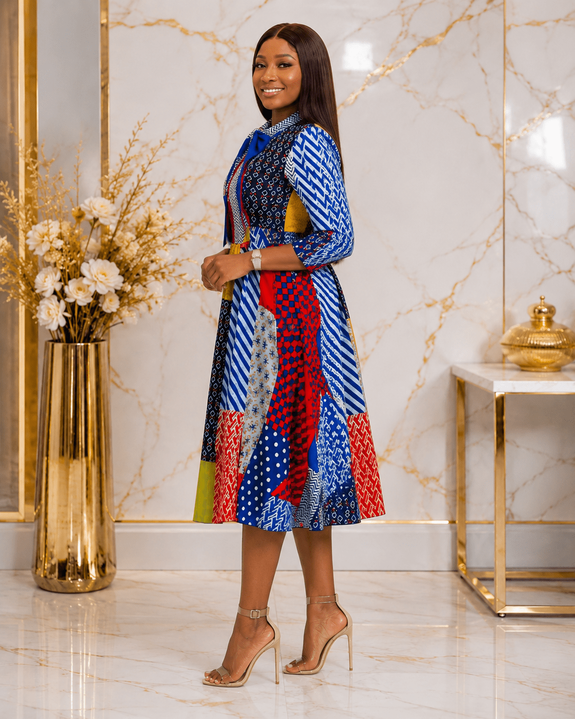 Women's Multicolor Patchwork Print Midi Shirt Dress – Elegant Tie Neck A-Line Dress - Midi Dresses - Cherubim Aura