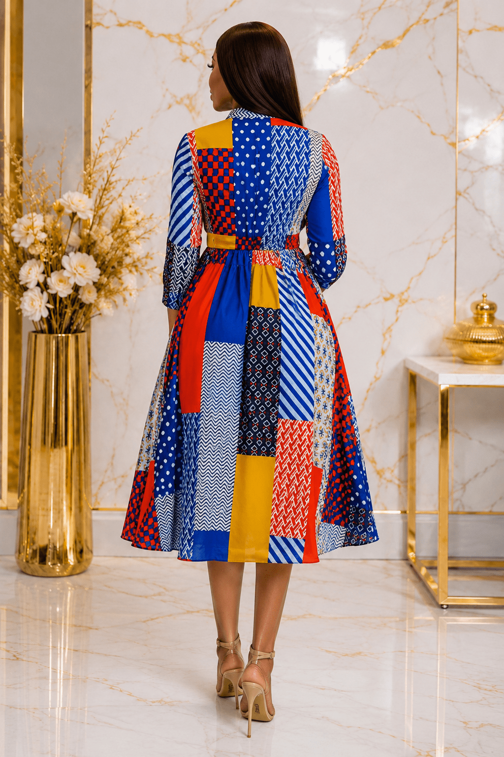 Women's Multicolor Patchwork Print Midi Shirt Dress – Elegant Tie Neck A-Line Dress - Midi Dresses - Cherubim Aura