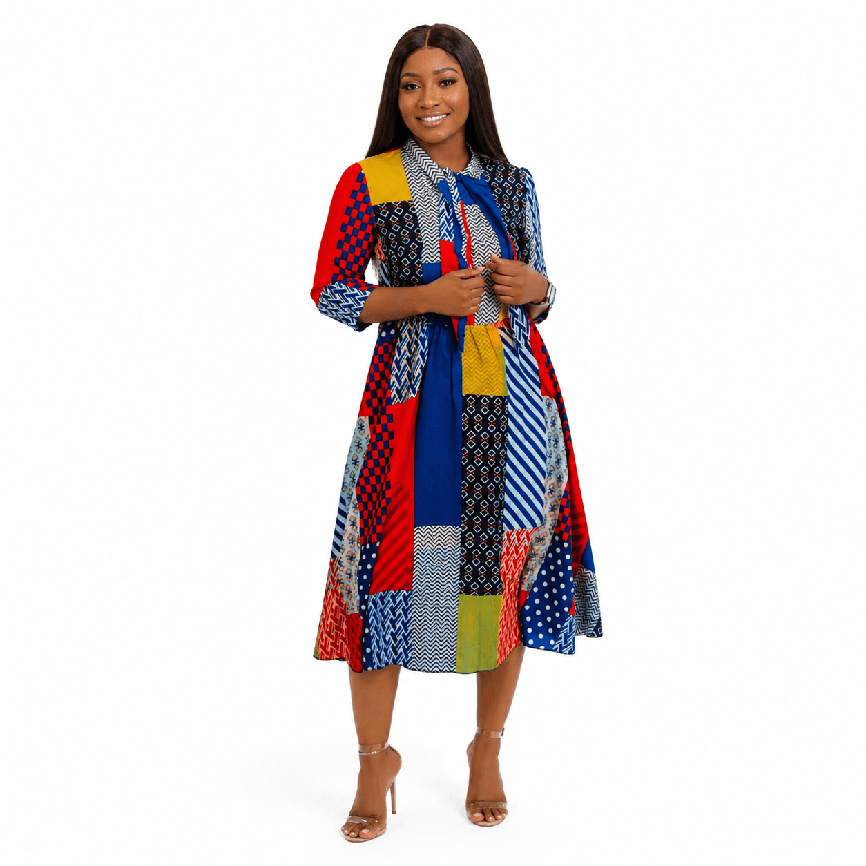 Women's Multicolor Patchwork Print Midi Shirt Dress – Elegant Tie Neck A-Line Dress - Midi Dresses - Cherubim Aura