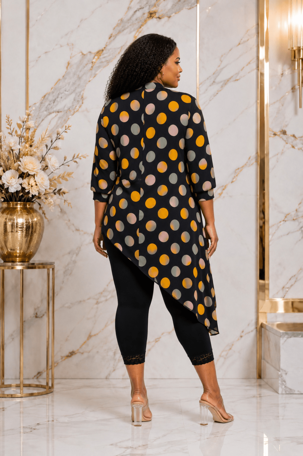 Women's Multicolor Polka Dot Asymmetrical Tunic Top – Plus Size Three-Quarter Sleeve High-Low Casual Blouse - Top - Cherubim Aura