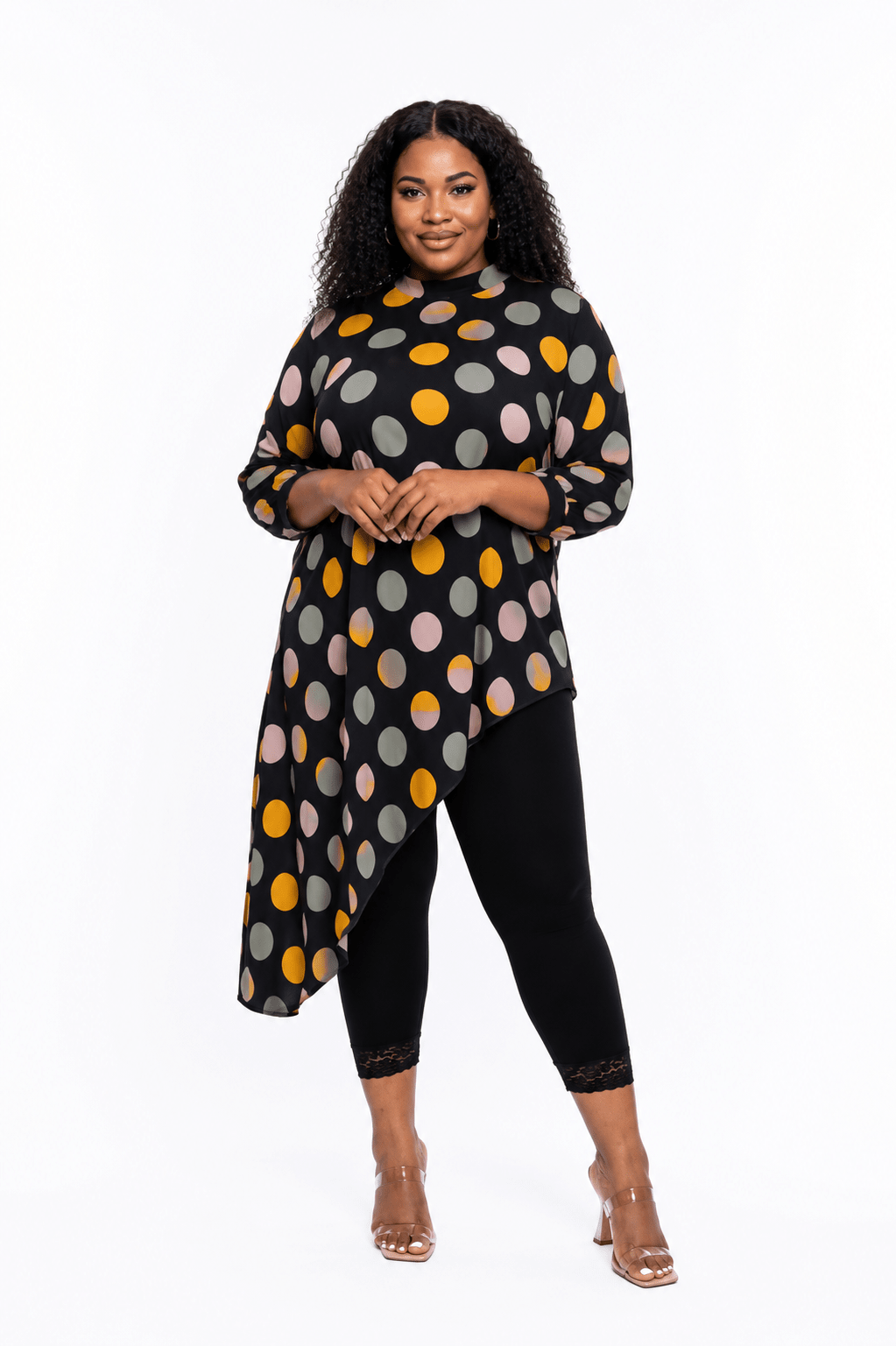 Women's Multicolor Polka Dot Asymmetrical Tunic Top – Plus Size Three-Quarter Sleeve High-Low Casual Blouse - Top - Cherubim Aura