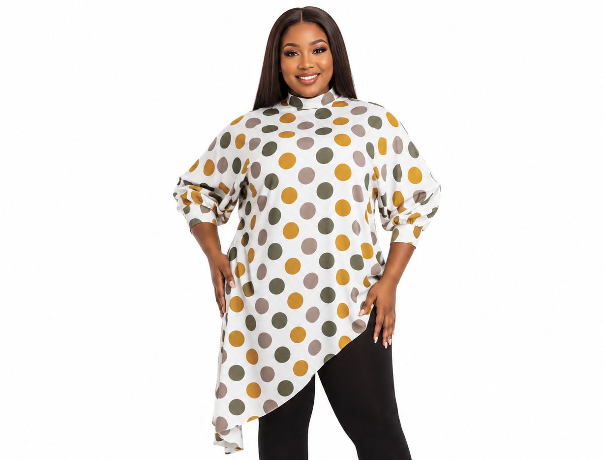Women's Multicolor Polka Dot Asymmetrical Tunic Top – Plus Size Three-Quarter Sleeve High-Low Casual Blouse - Top - Cherubim Aura