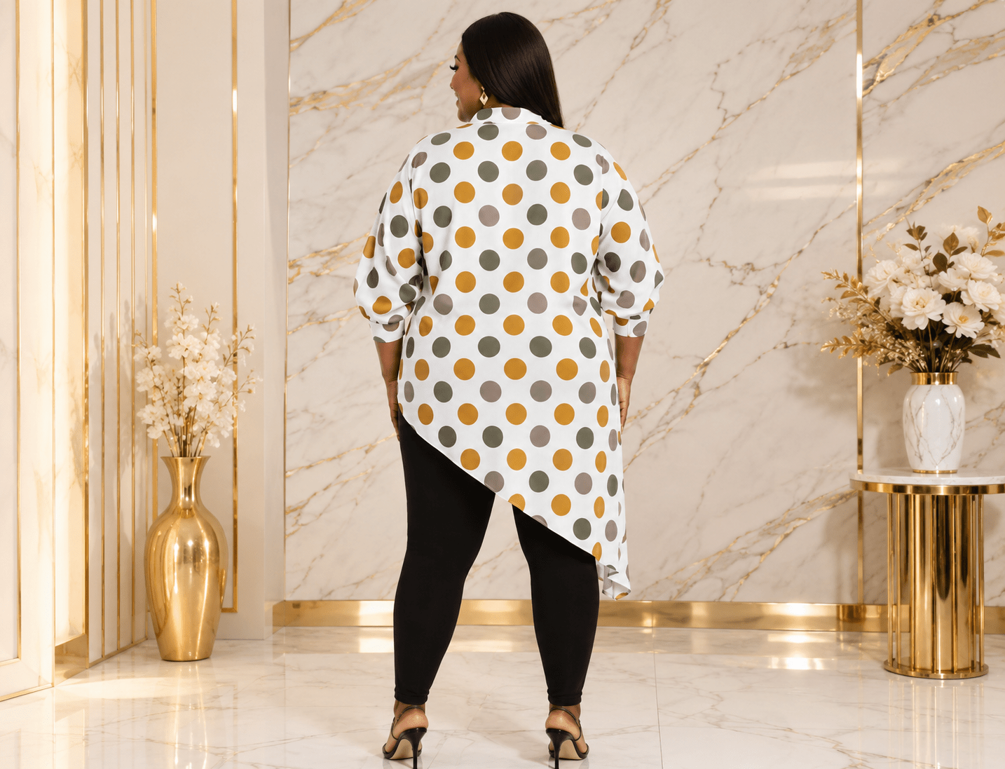 Women's Multicolor Polka Dot Asymmetrical Tunic Top – Plus Size Three-Quarter Sleeve High-Low Casual Blouse - Top - Cherubim Aura