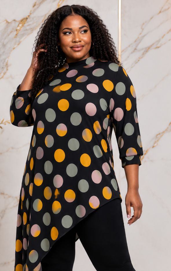 Women's Multicolor Polka Dot Asymmetrical Tunic Top – Plus Size Three-Quarter Sleeve High-Low Casual Blouse - Top - Cherubim Aura