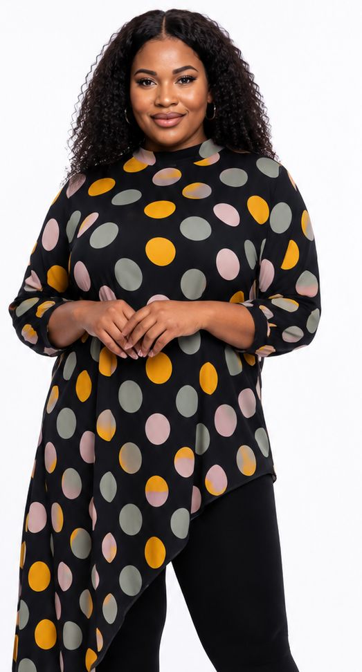 Women's Multicolor Polka Dot Asymmetrical Tunic Top – Plus Size Three-Quarter Sleeve High-Low Casual Blouse - Top - Cherubim Aura
