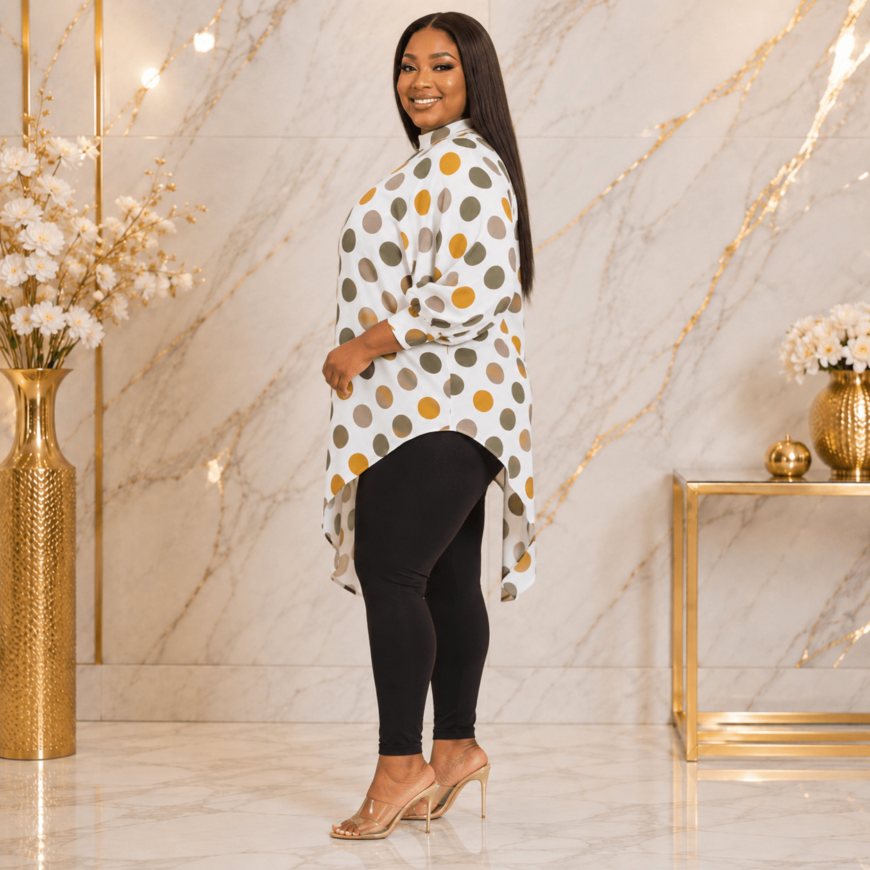 Women's Multicolor Polka Dot Asymmetrical Tunic Top – Plus Size Three-Quarter Sleeve High-Low Casual Blouse - Top - Cherubim Aura