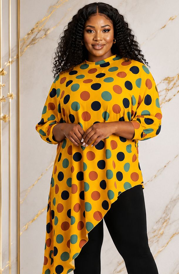 Women's Multicolor Polka Dot Asymmetrical Tunic Top – Plus Size Three-Quarter Sleeve High-Low Casual Blouse - Top - Cherubim Aura