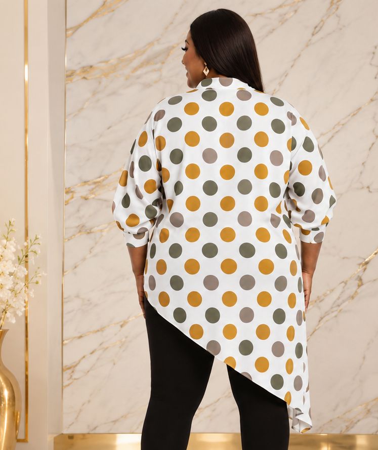 Women's Multicolor Polka Dot Asymmetrical Tunic Top – Plus Size Three-Quarter Sleeve High-Low Casual Blouse - Top - Cherubim Aura
