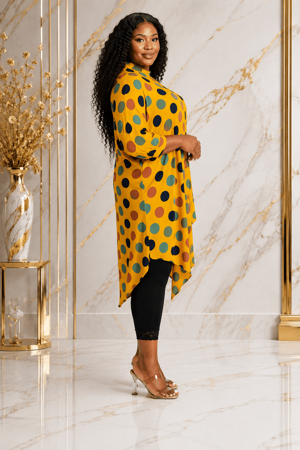 Women's Multicolor Polka Dot Asymmetrical Tunic Top – Plus Size Three-Quarter Sleeve High-Low Casual Blouse - Top - Cherubim Aura