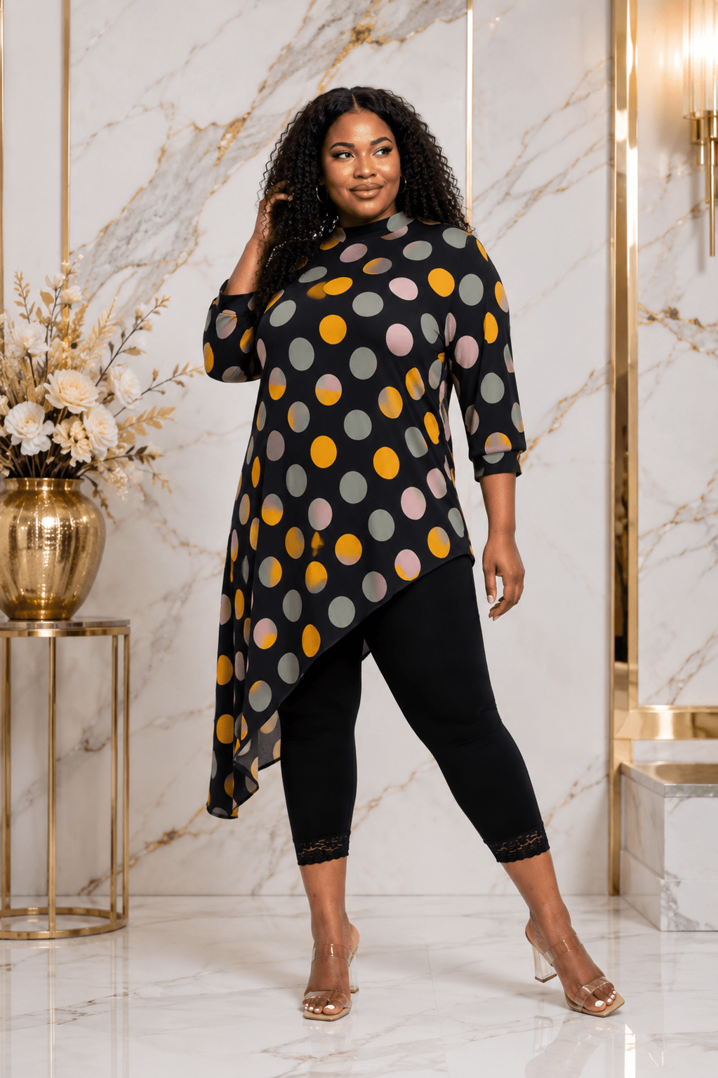 Women's Multicolor Polka Dot Asymmetrical Tunic Top – Plus Size Three-Quarter Sleeve High-Low Casual Blouse - Top - Cherubim Aura