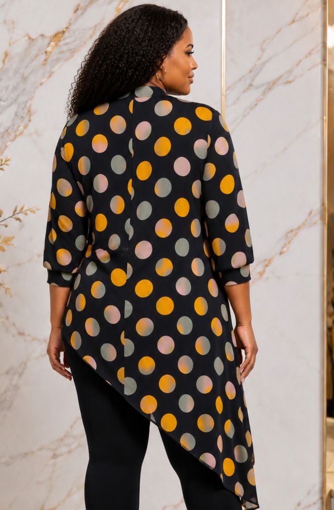 Women's Multicolor Polka Dot Asymmetrical Tunic Top – Plus Size Three-Quarter Sleeve High-Low Casual Blouse - Top - Cherubim Aura