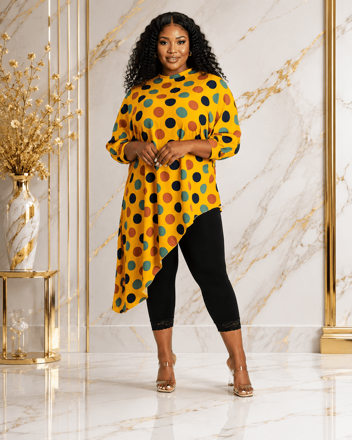 Women's Multicolor Polka Dot Asymmetrical Tunic Top – Plus Size Three-Quarter Sleeve High-Low Casual Blouse - Top - Cherubim Aura