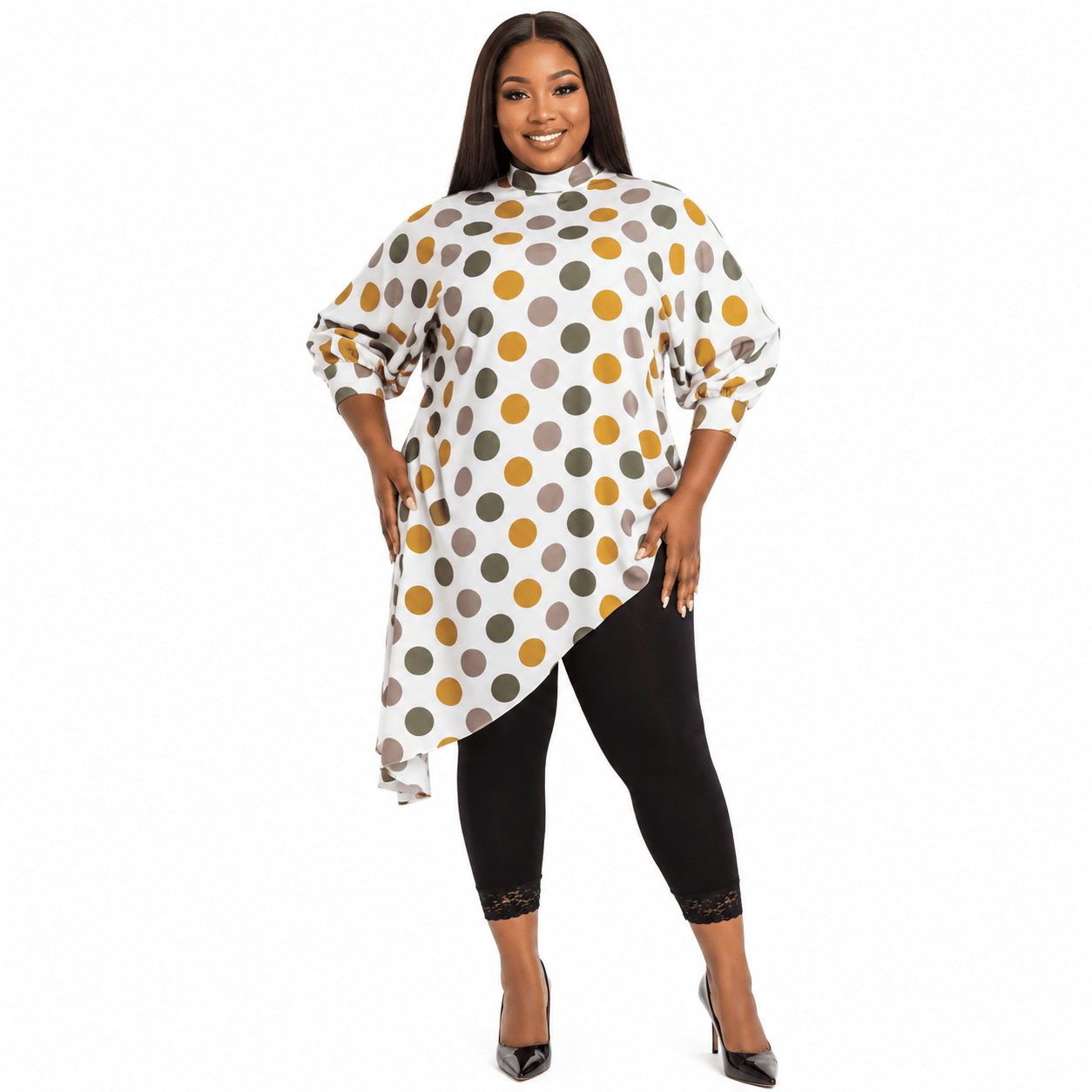 Women's Multicolor Polka Dot Asymmetrical Tunic Top – Plus Size Three-Quarter Sleeve High-Low Casual Blouse - Top - Cherubim Aura