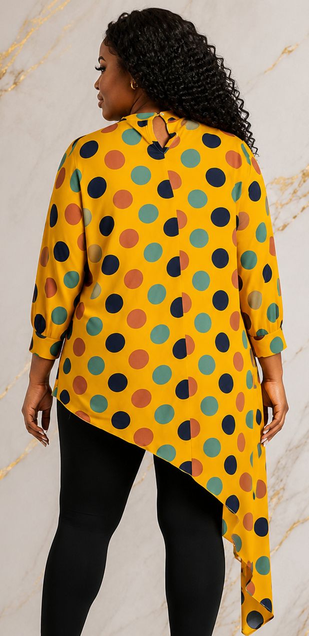 Women's Multicolor Polka Dot Asymmetrical Tunic Top – Plus Size Three-Quarter Sleeve High-Low Casual Blouse - Top - Cherubim Aura