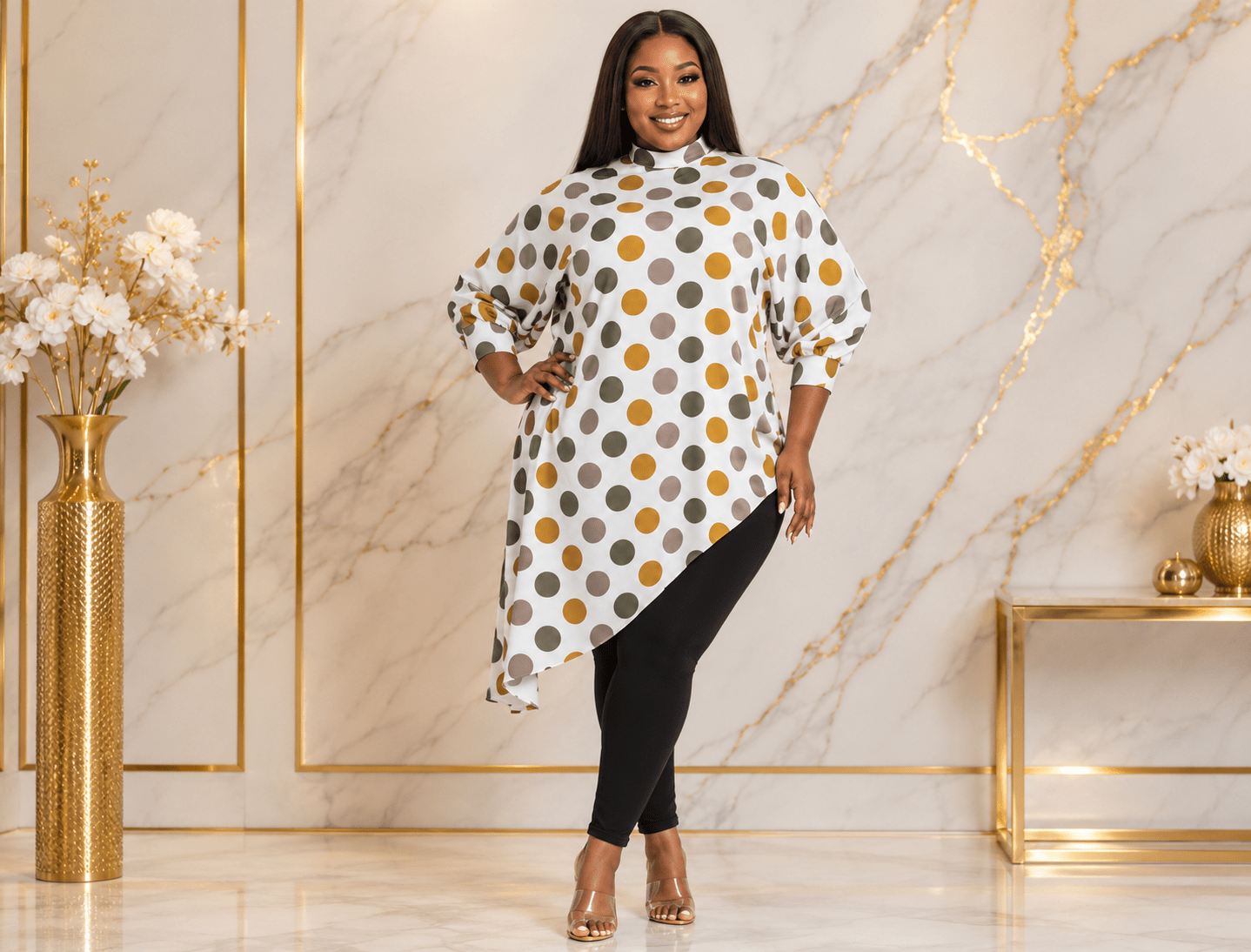 Women's Multicolor Polka Dot Asymmetrical Tunic Top – Plus Size Three-Quarter Sleeve High-Low Casual Blouse - Top - Cherubim Aura