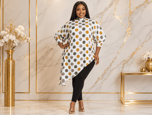 Women's Multicolor Polka Dot Asymmetrical Tunic Top – Plus Size Three-Quarter Sleeve High-Low Casual Blouse - Top - Cherubim Aura