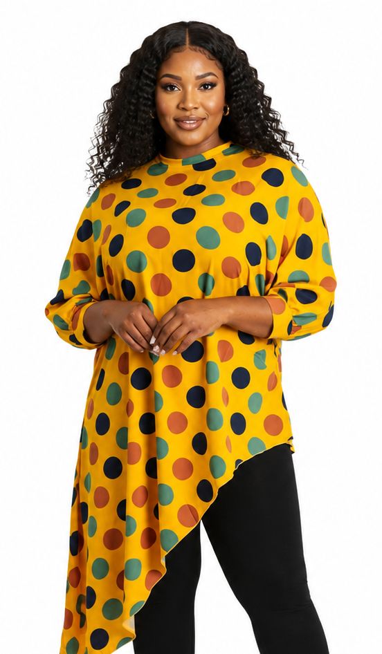 Women's Multicolor Polka Dot Asymmetrical Tunic Top – Plus Size Three-Quarter Sleeve High-Low Casual Blouse - Top - Cherubim Aura