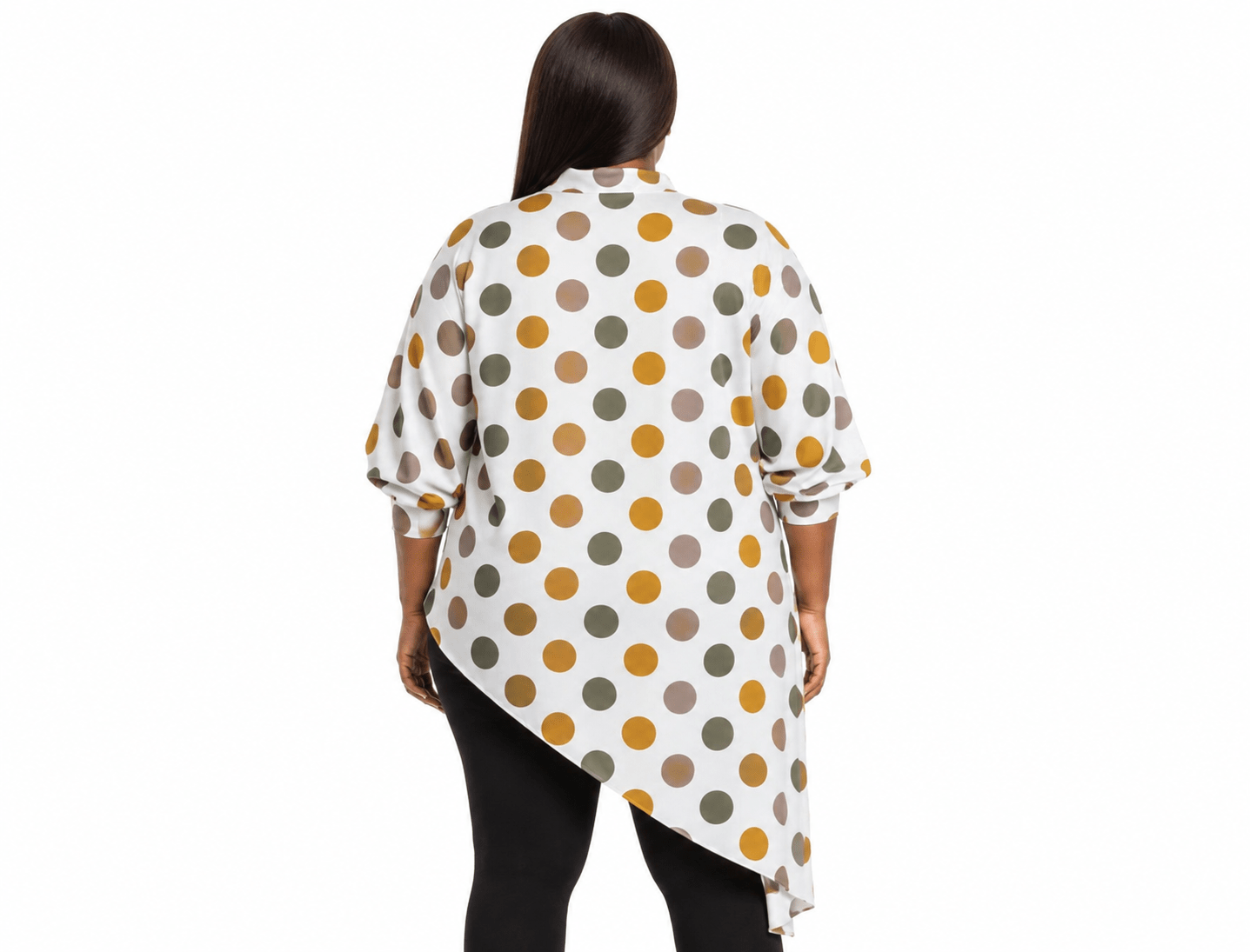 Women's Multicolor Polka Dot Asymmetrical Tunic Top – Plus Size Three-Quarter Sleeve High-Low Casual Blouse - Top - Cherubim Aura