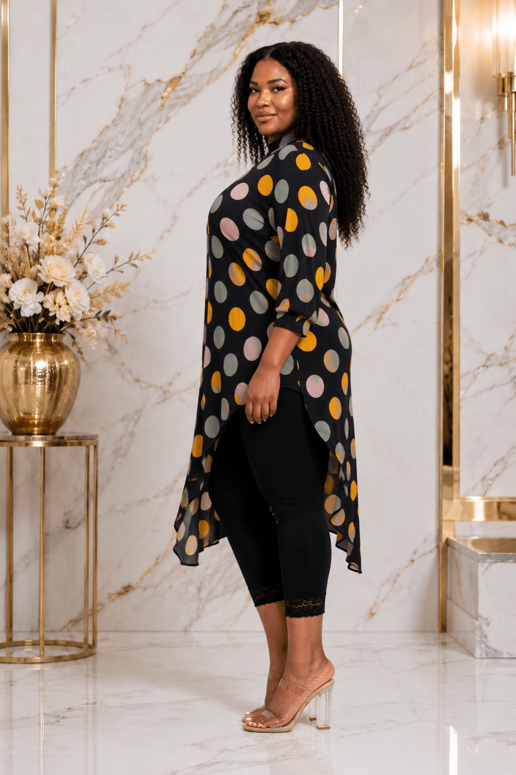 Women's Multicolor Polka Dot Asymmetrical Tunic Top – Plus Size Three-Quarter Sleeve High-Low Casual Blouse - Top - Cherubim Aura