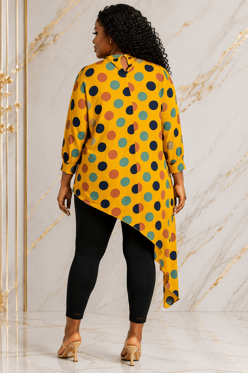 Women's Multicolor Polka Dot Asymmetrical Tunic Top – Plus Size Three-Quarter Sleeve High-Low Casual Blouse - Top - Cherubim Aura