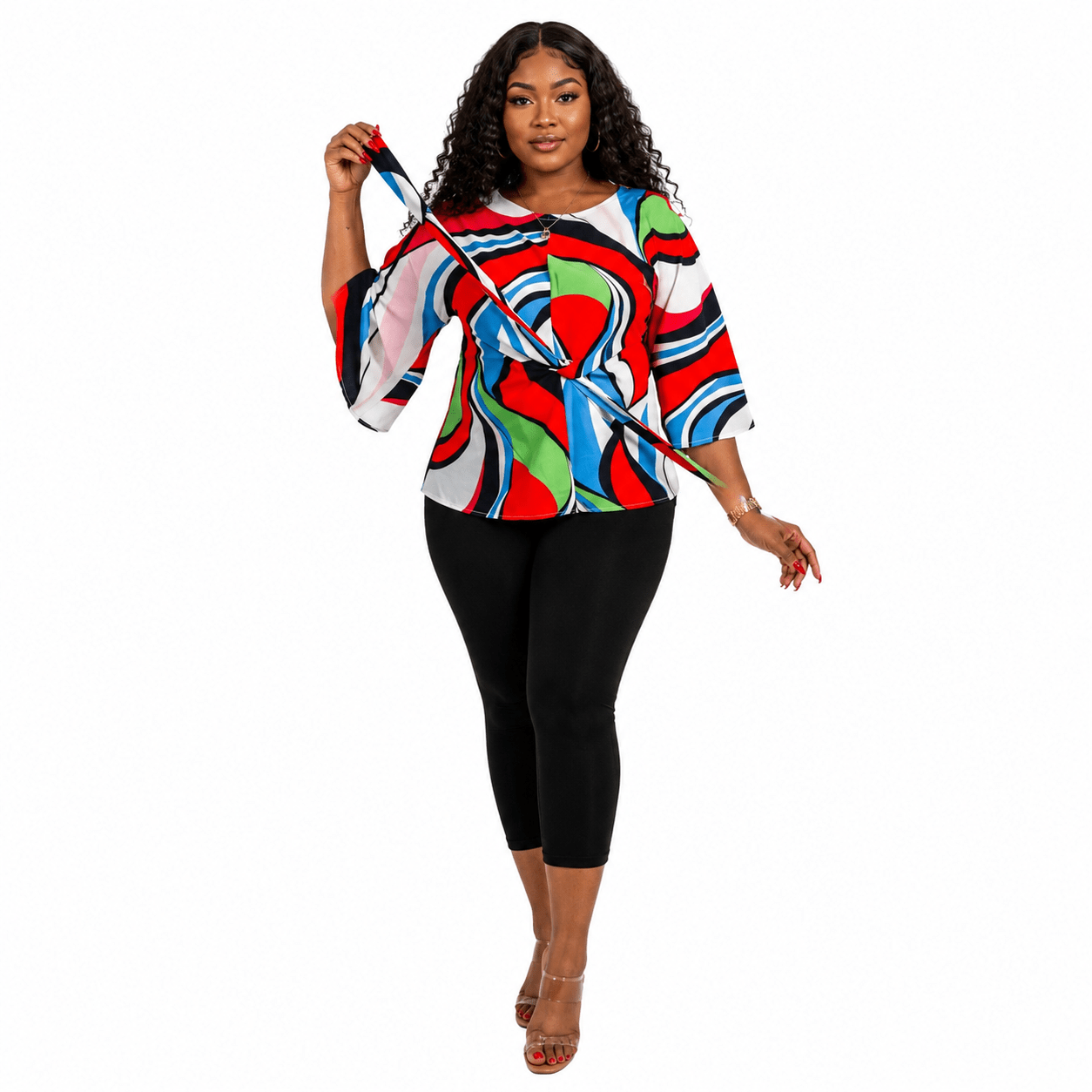 Women’s Multicolour Abstract Print Tie-Waist Blouse – Bell Sleeve Dressy Casual Top – One Size UK 10–16 - Top - Cherubim Aura