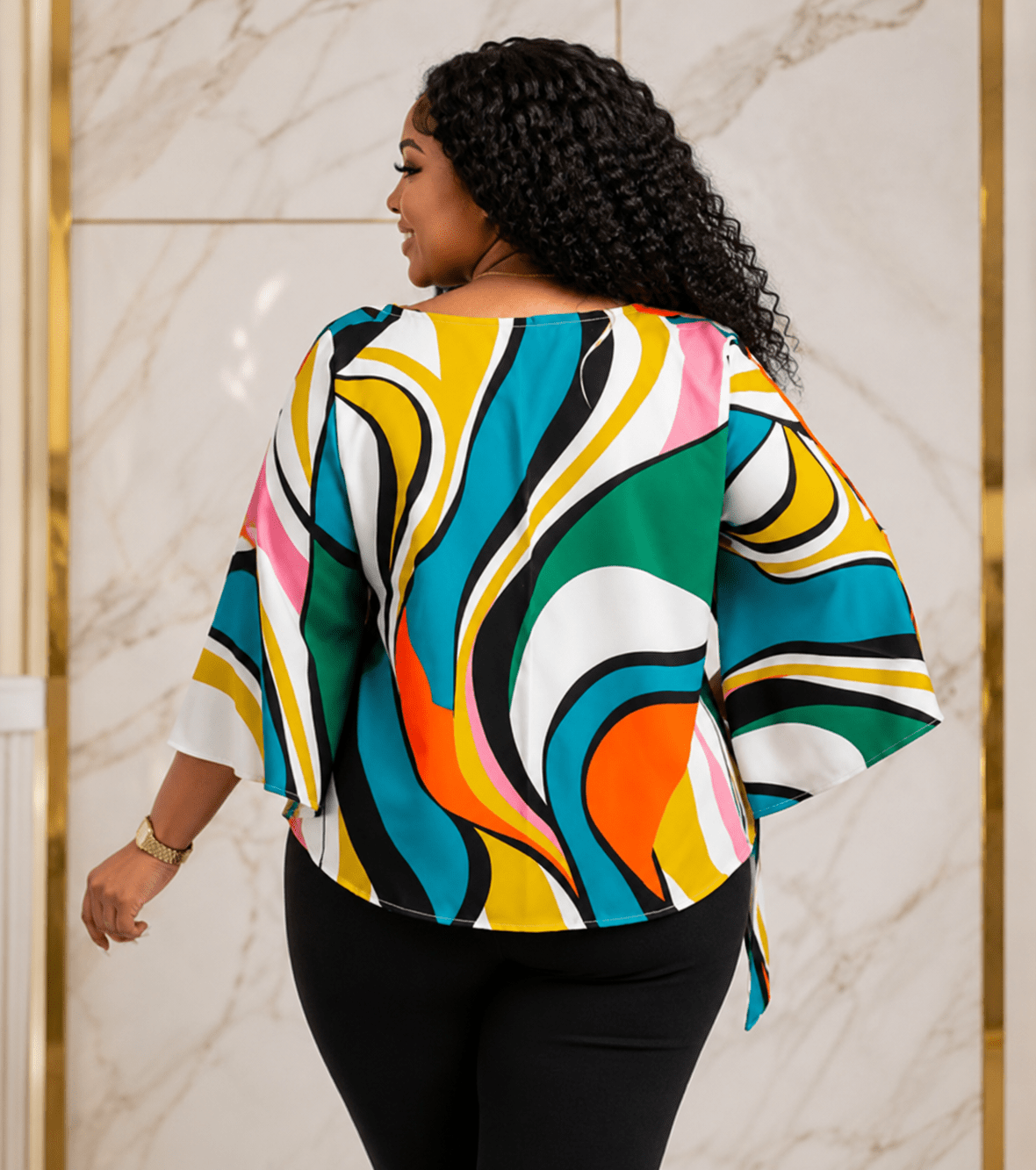Women’s Multicolour Abstract Print Tie-Waist Blouse – Bell Sleeve Dressy Casual Top – One Size UK 10–16 - Top - Cherubim Aura