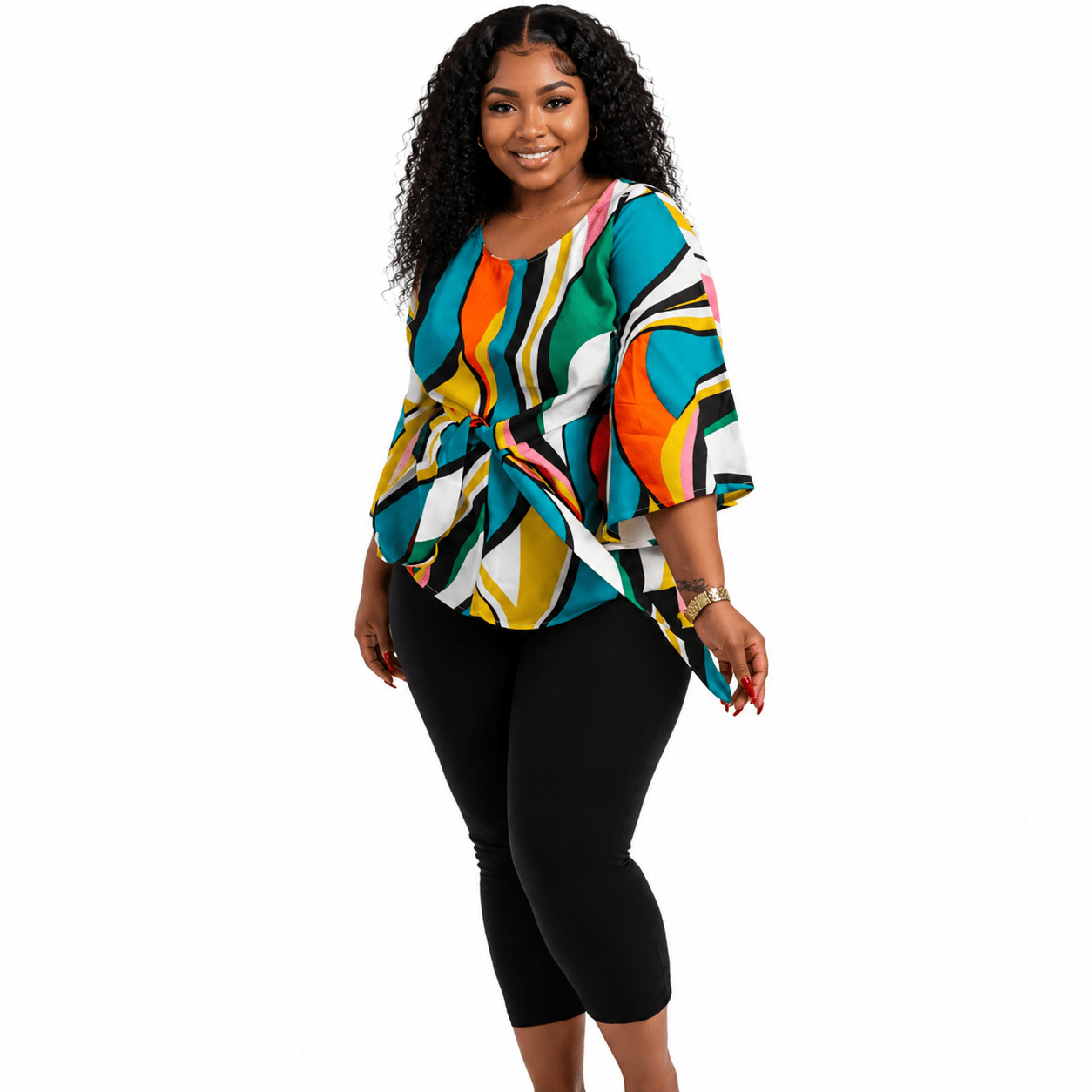 Women’s Multicolour Abstract Print Tie-Waist Blouse – Bell Sleeve Dressy Casual Top – One Size UK 10–16 - Top - Cherubim Aura