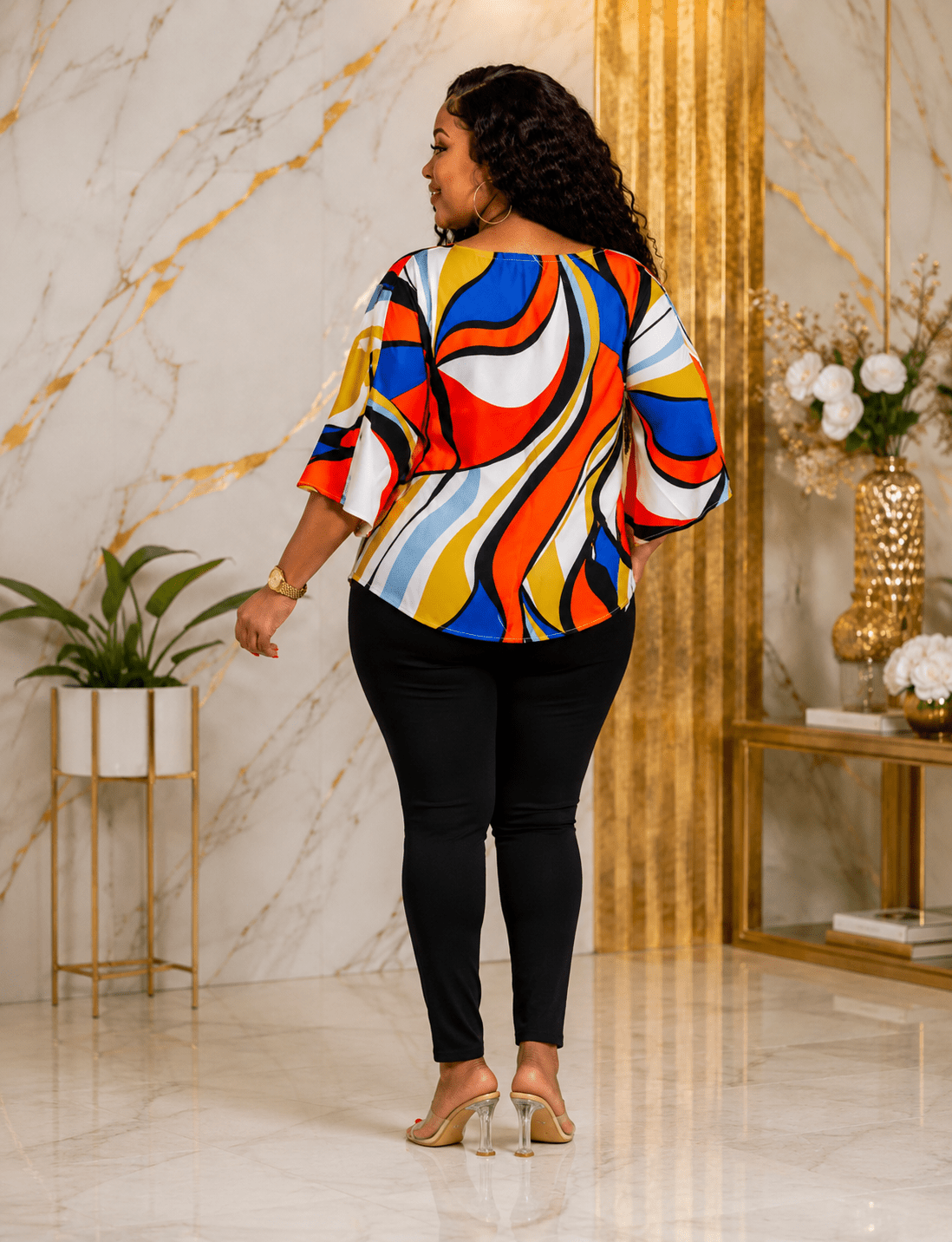 Women’s Multicolour Abstract Print Tie-Waist Blouse – Bell Sleeve Dressy Casual Top – One Size UK 10–16 - Top - Cherubim Aura