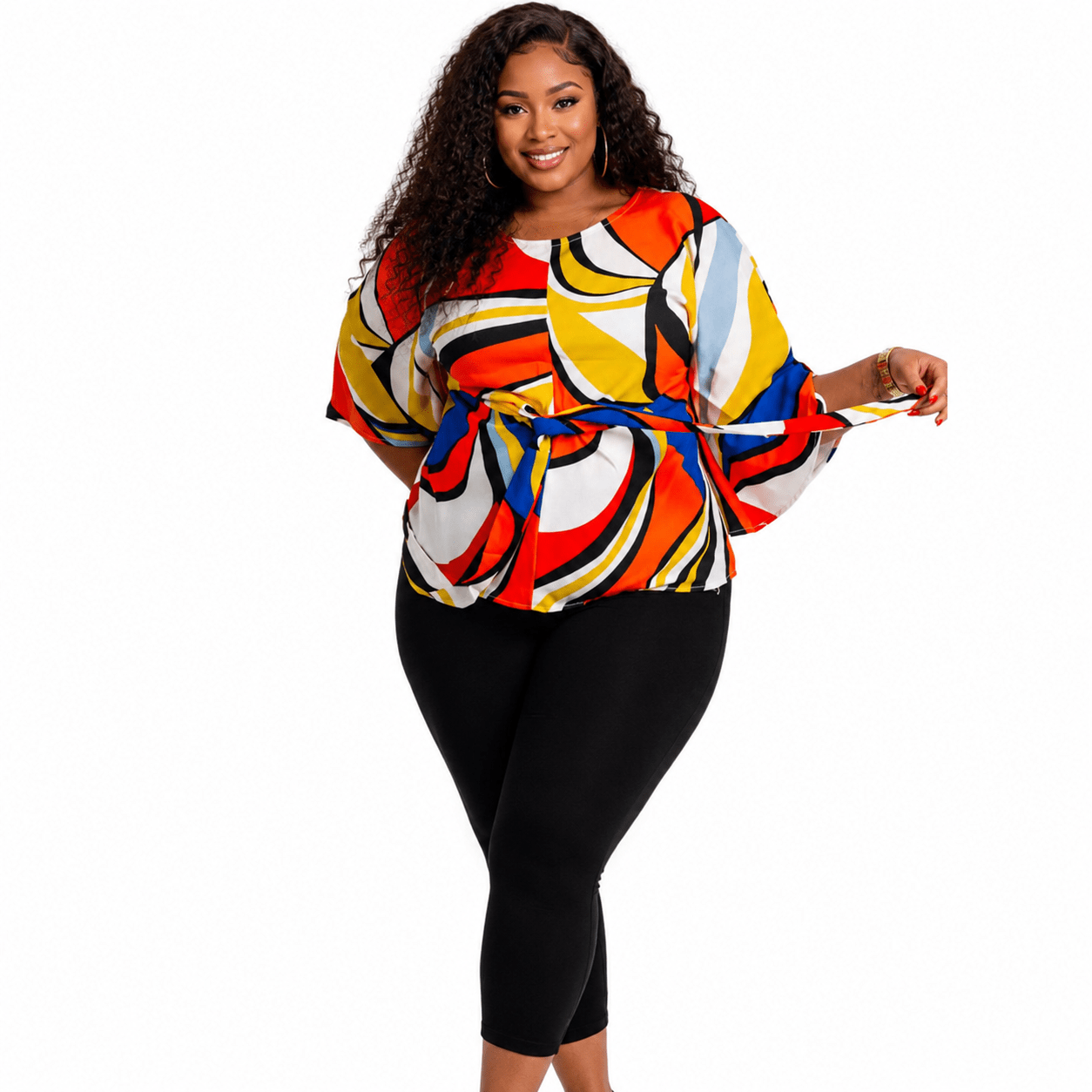 Women’s Multicolour Abstract Print Tie-Waist Blouse – Bell Sleeve Dressy Casual Top – One Size UK 10–16 - Top - Cherubim Aura
