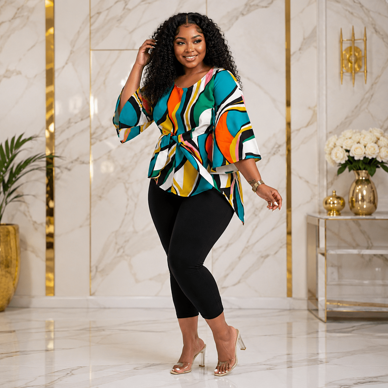 Women’s Multicolour Abstract Print Tie-Waist Blouse – Bell Sleeve Dressy Casual Top – One Size UK 10–16 - Top - Cherubim Aura