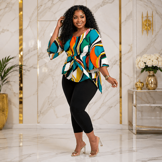 Women’s Multicolour Abstract Print Tie-Waist Blouse – Bell Sleeve Dressy Casual Top – One Size UK 10–16 - Top - Cherubim Aura