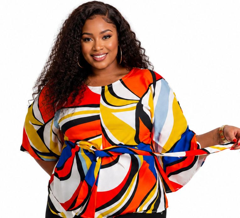 Women’s Multicolour Abstract Print Tie-Waist Blouse – Bell Sleeve Dressy Casual Top – One Size UK 10–16 - Top - Cherubim Aura