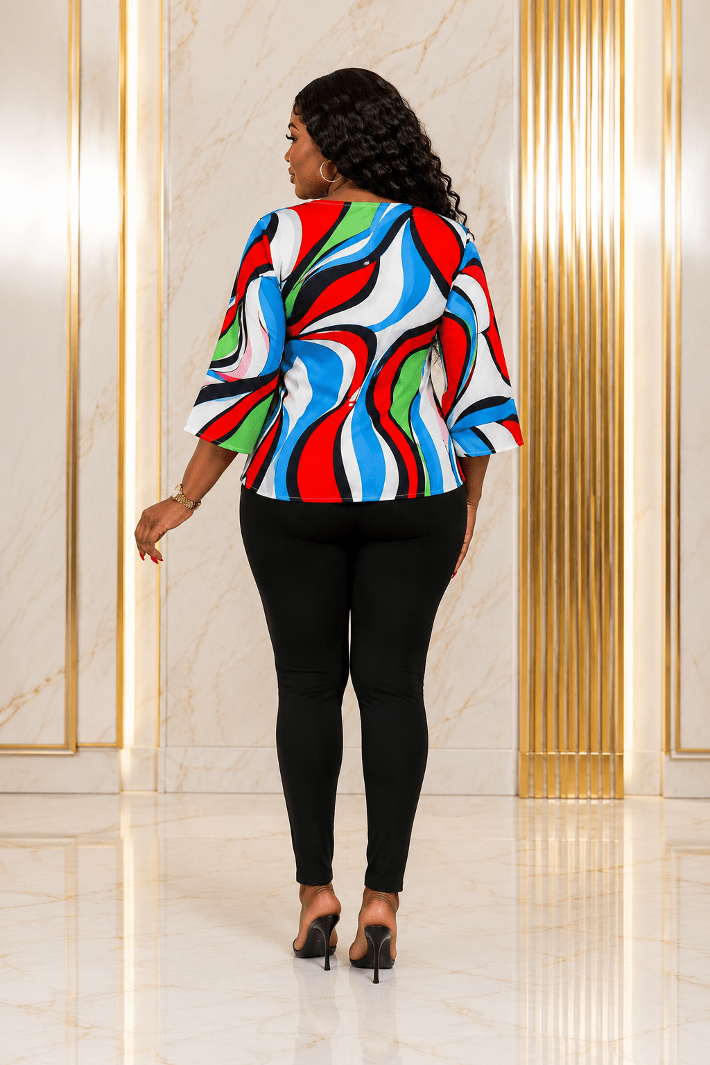 Women’s Multicolour Abstract Print Tie-Waist Blouse – Bell Sleeve Dressy Casual Top – One Size UK 10–16 - Top - Cherubim Aura