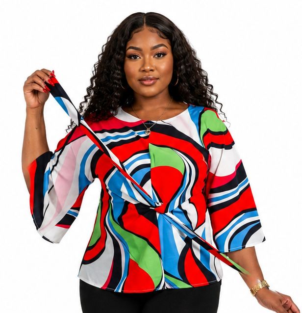 Women’s Multicolour Abstract Print Tie-Waist Blouse – Bell Sleeve Dressy Casual Top – One Size UK 10–16 - Top - Cherubim Aura